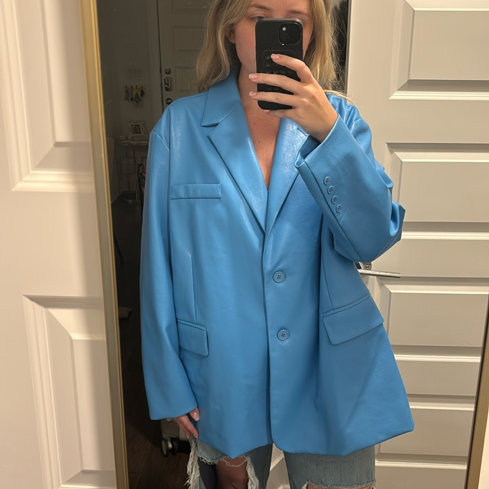 oversized blue leather blazer